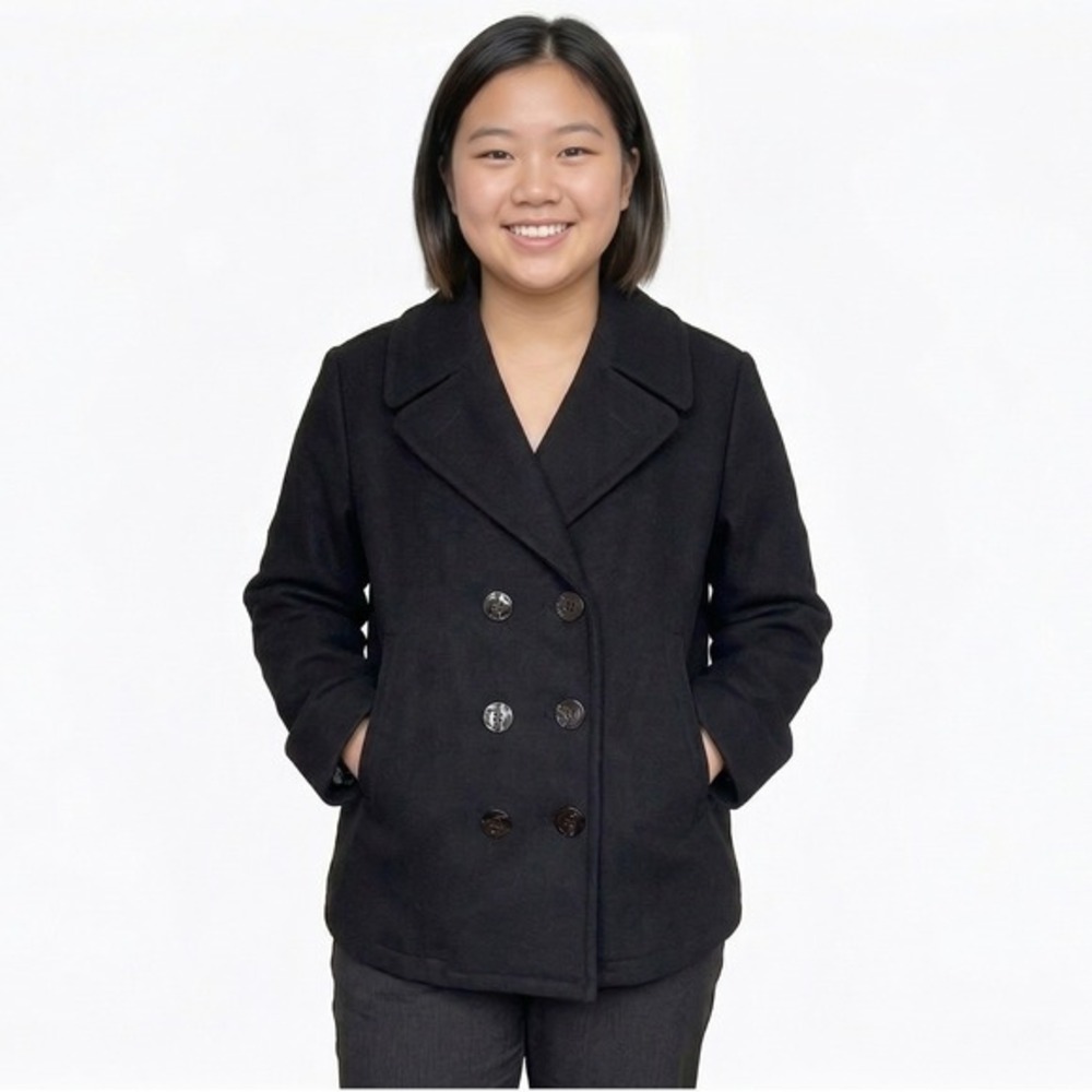US‎ Navy Military Issue Black Wool Double Breasted Pea Coat Anchor Buttons 14S